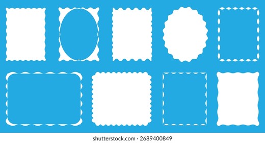 Ilustração de vetor de caixa de moldura de formas de borda onduladas em ziguezague. Bordas recortadas com um padrão ondulado. Quadros curvos adoráveis com retro-estilo ondulado bordas. eps 10