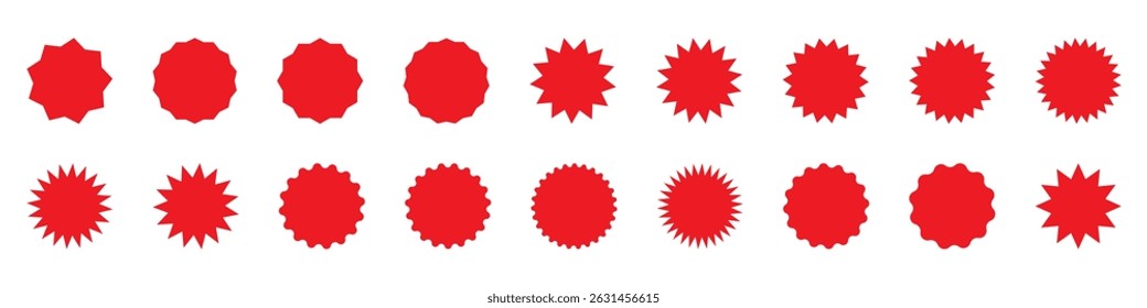 Zig zag wavy edge starburst circle shapes icon set. Red color classic abstract elements with jagged edges. Vector illustration of silhouette blank for sicker, label, tag, badge, stamp, etc. 
