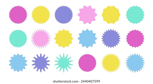 Zig zag wavy edge starbust circle shapes icon set. Colorful abstract elements with jagged edges. Vector illustration of silhouette blank for sicker, label, tag, badge, stamp