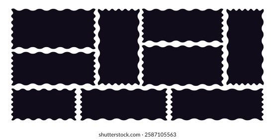 Zig zag wavy shape frames. Vector rectangular and round abstract clouds, and text boxes. Scallop edge kids geometric stamps. Zigzag frame. Rectangle shape frame with zigzag edge. Vector illustration.