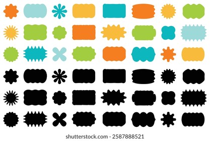 Zig zag wavy shape frames. Vector rectangular and round abstract clouds, flowers and text boxes. Scallop edge kids geometric stamps. Flat jagged oval shapes set. Groovy kids graphic wiggly, vector eps