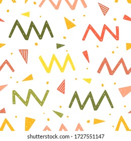 Zig zags, puntos y triángulos sin fisuras. Resumen del fondo del vector colorido. Patrón vectorial sin fin con elementos geométricos