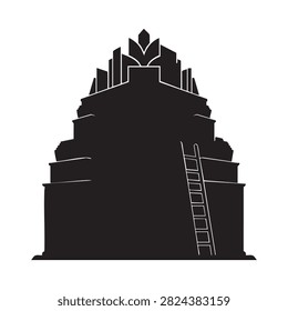 Ziggurat style architectural monument featuring a tall ladder and botanical emblem at the peak. Black flat silhouette of a historical pyramid or shrine. Symbolic of reaching higher consciousness, progress, and historical masonry structure.