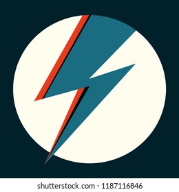 Ziggy Stardust blue flash. Hand drawn vector illustration with lightning in circle for logo, poster, postcard, clothing print, flyer. Retro sign with isolated blue thunderbolt on light background.