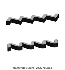 Zigzag 3D shape. Wave vector element. Black isometric figure. Stylized line object.
