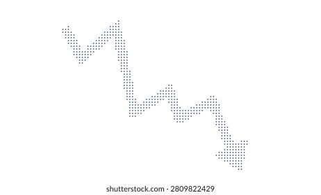 Zig-zag abstract vector graph arrow, composed of small blue and gray circles, depicting a decline. Dynamic financial down trend graphic design element on a transparent background.