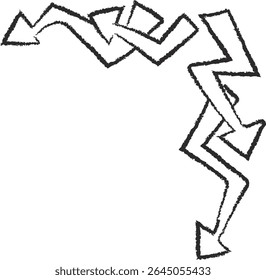 A zigzag arrow pattern with rough edges in a sketch style. The arrows form a dynamic corner design with bold lines. Cartoon vector illustration.