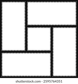 Zigzag bento grid box frame layout. Rectangular content boxes with jagged edges. Isolated on a black background.
