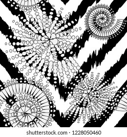 Zigzag black and white modern vector seamless pattern. Monochrome ornamental spiral shapes background. Geometric abstract repeat zig zag backdrop. Template. Decorative design. For prints, textile