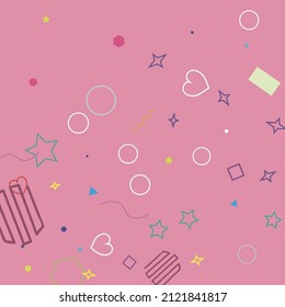 Zigzag Blue Hearts Sweet Wave Violet Yellow Geometry Illustration. Green Stars Oval Pink Pastel Square Polygonal Background. Ring Red Purple Circle Colorful Rectangle Bright Hipster Background.