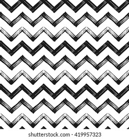 Zigzag Chevron Grunge Black Seamless Pattern, Seamless Background Of Zig Zag Stripe, Hand Painted Vector Pattern For Textile, Wallpaper, Web Design, Wrapping, Fabric, Paper, Card, Invitation