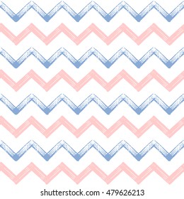 Zigzag chevron grunge seamless pattern in color 2016 rose quartz and serenity, hand painted vector seamless background of pink and lilac zig zag stripe for textile, wrapping, paper, card, invitation