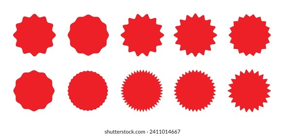 Zig-zag circle collection in red color. Circle with sharp and rounded waves edge. Sale and big set of red zig-zag circle sticker, Sale and discount template sticker. Red sale labels isolated.