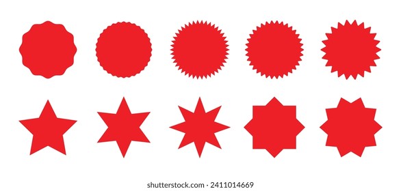 Zig-zag circle collection in red color. Circle with sharp and rounded waves edge. Sale and big set of red zig-zag circle sticker, Sale and discount template sticker. Red sale labels isolated.