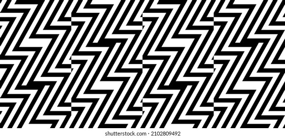 Zig-zag creative background. Black white striped seamless pattern. Op art, optical illusion. Vector texture.