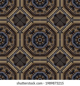 El zigzag y las líneas punteadas colorido patrón sin costuras. Borde del fondo del vector ornamental de grunge abstracto. Repetición geométrica al estilo étnico tribal. Líneas de zag de Doodle zig, formas, ornamentos de textura Ornate.