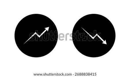 Zigzag up and down arrow icon. Profit and loss trend symbol in black circle
