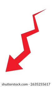 Zigzag downward red arrow symbolizing decline, decrease, or loss on white background, dynamic isolated graphic for business, finance, statistics, infographics, or presentations.