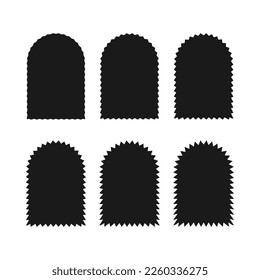 Conjunto de iconos de formas de arco de borde de zigzag. Un grupo de 6 símbolos arcos con bordes jordazados. Aislado sobre un fondo blanco.
