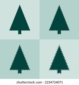 Zigzag edge Christmas tree green icons. A group of festive trees with jagged edges. Isolated on a light green background.