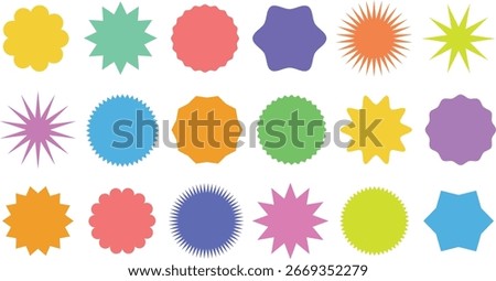Zigzag edge circle set. Sunburst sticker shapes, silhouette circle and star shaped price tag, round stamp, discount, sale label, stickers. Elements for decoration. Vector illustration.