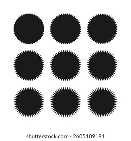 Zigzag edge circle shape silhouette icons. A collection of circular symbols with jagged edges. Isolated on a white background.