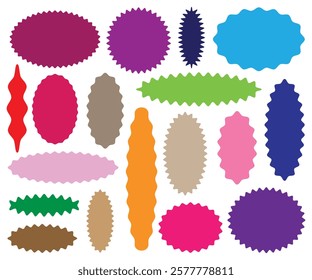 Zigzag edge ellipse shape collection. Jagged oval elements set. Colorful graphic design elements for decoration, banner, poster, template, sticker, badge, label, tag, emblem,  Vector illustration