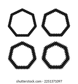 Zigzag edge heptagon frame icon set. A group of 4 heptagons with jagged inside and outside edges. Isolated on a white background.