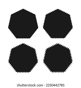 Conjunto de iconos de formas de heptagon con borde de zigzag. Un grupo de formas heptagonales negras con bordes dentados. Aislado sobre un fondo blanco.
