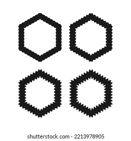 Zigzag edge hexagon frame icon set. A group of 4 hexagons with jagged inside and outside edges. Isolated on a white background.