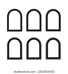 Zigzag edge hollow arch stroke shapes. A group of 6 archway symbols with jagged outside edges. Isolated on a white background.