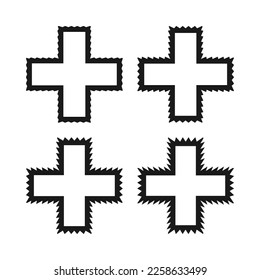 Zigzag edge hollow cross stroke shapes. A group of 4 symbols with jagged edges. Isolated on a white background.