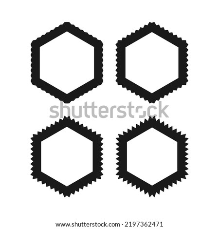 Zigzag edge hollow hexagon stroke shapes. A group of 4 hexagons with jagged outside edges and varying degrees of thickness. Isolated on a white background.