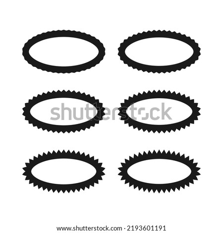 Zigzag edge hollow oval stroke shapes. A group of 6 ovals with jagged outside edges and varying degrees of thickness. Isolated on a white background.