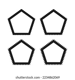 Formas de trazo de pentágono hueco de borde zigzag. Un grupo de 4 pentagones con bordes exteriores dentados. Aislado sobre un fondo blanco.