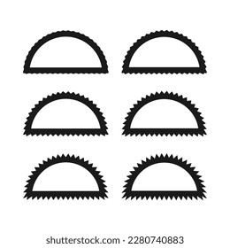 Zigzag edge hollow semicircle stroke shapes. A group of 6 half-circle shapes with jagged edges. Isolated on a white background.