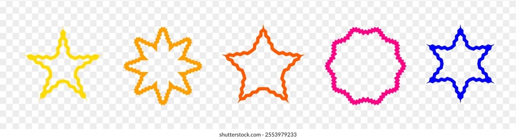 Zigzag edge linear star collection. Colorful jagged sticker or stamp set with wavy edges. Trendy frame template