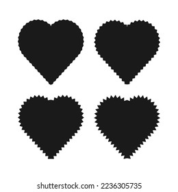 Zigzag edge love heart icon set. A group of 4 black symbols with jagged outside edges. Isolated on a white background.