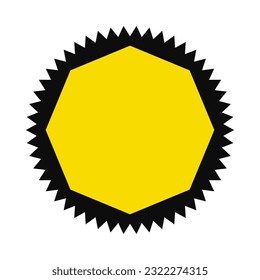Icono negro de borde zigzag, amarillo. Un símbolo octagonal con bordes jaleados. Aislado sobre un fondo blanco.