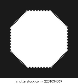 Zigzag edge octagon shape border frame. An empty white octagonal outline with jagged edges on a black background.