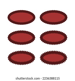 Zigzag edge oval frame red icons. A group of 6 ovals with jagged inside and outside edges. Isolated on a white background.
