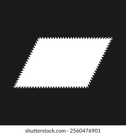 Zigzag edge parallelogram shape, border frame. An empty white squared outline with jagged edges on a black background.