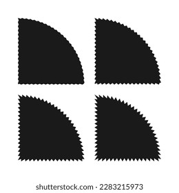Zigzag edge quarter circle icon set. A set of 4 quadrant shapes with jagged edges. Isolated on a white background.