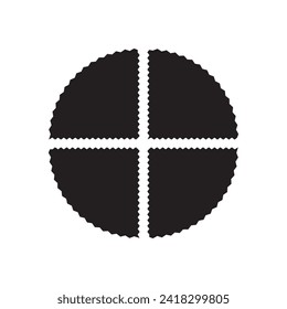 Zigzag edge quartered circle icons.  set of 4 black quadrant shapes with jagged edges. Isolated on a white background.