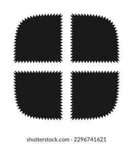 Zigzag edge quartered squircle square shape. A rounded, squared symbol cut into four pieces with jagged edges. Isolated on a white background.