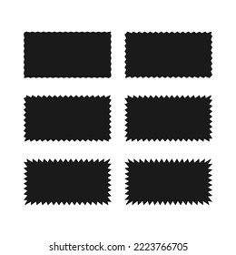 Zigzag edge rectangle shapes icon set. A group of 6 rectangular symbols with jagged edges. Isolated on a white background.