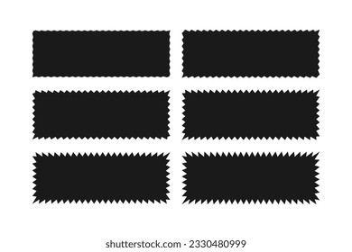 Zigzag edge rectangular button icon set. A group of 6 rectangle symbols with jagged edges. Isolated on a white background.