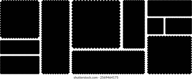 Zigzag edge rectrangle shape frames. Set of postage stamps in black with zigzag edges in horizontal and square format, arranged symmetrically in two rows. Mockup for design. zigzag wavy edge frames