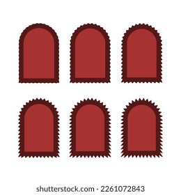 Zigzag edge red arch stroke shapes. A group of 6 archway symbols with jagged outside edges. Isolated on a white background.