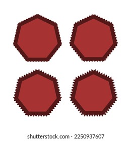 Zigzag edge red heptagon stroke shapes. A group of 4 heptagons with jagged outside edges. Isolated on a white background.
